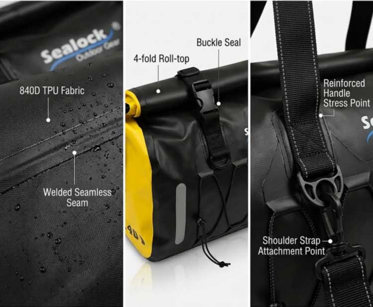 Sealock 40L SL-K099 840D TPU weld seams, rolled top sealing and handle attachment structure of waterproof luggage bags