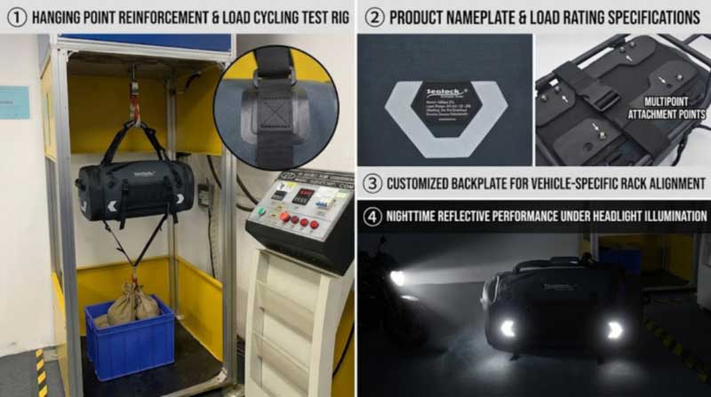 Motorcycle bag supplier verification — anchor load cycling, published load rating, rack-pattern backing plate, and dual-side reflective performance