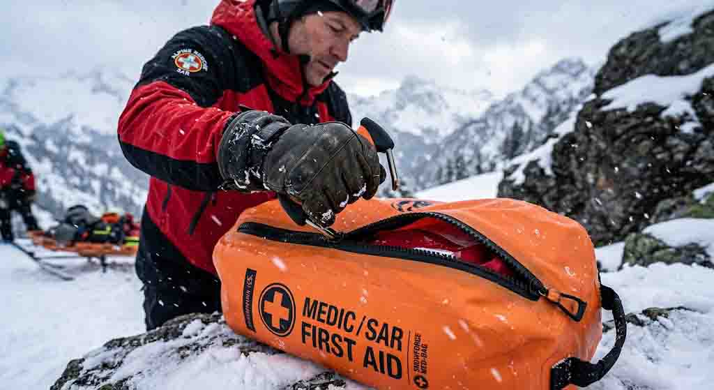 Search and rescue worker easily accessing an RF welded TPU dry bag with an airtight zipper in freezing alpine conditions Search and rescue worker easily accessing an RF welded TPU dry bag with an airtight zipper in freezing alpine conditions